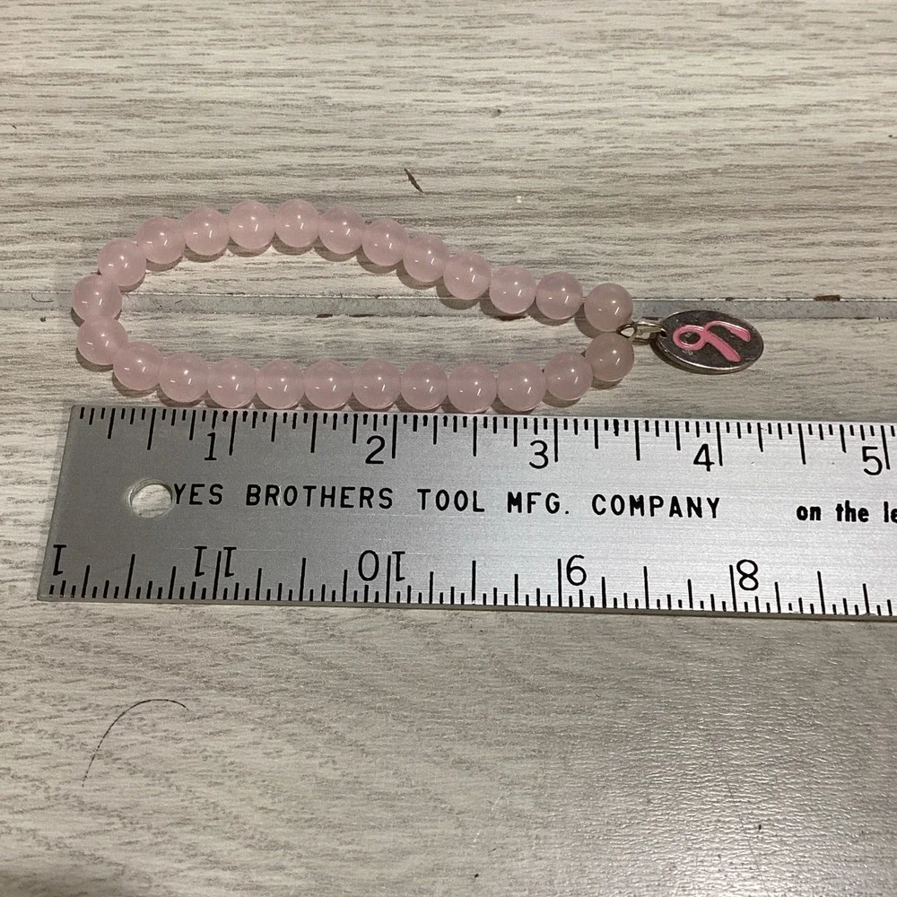 Silvertone Bracelet w/ Pink Beads Breast Carcer Awareness Ribbon Charm‎